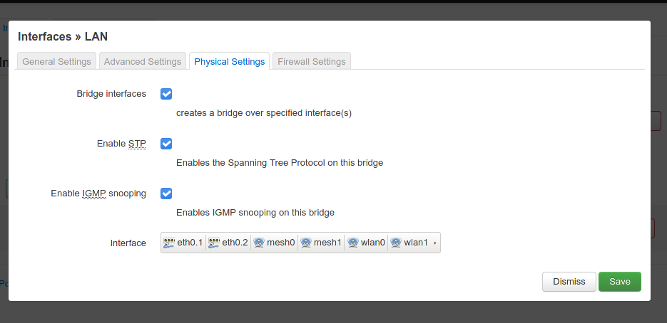 LuCI’s physical settings of the LAN interface: bridge, STP and IGMP snooping on; eth0.1, eth0.2, mesh0, mesh1, wlan0 and wlan1 bridged