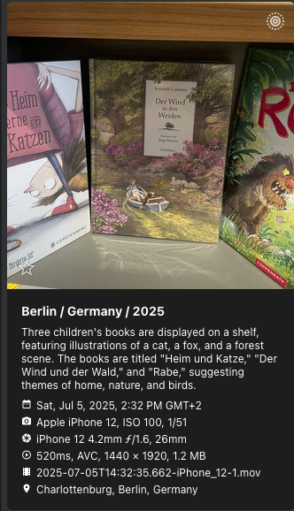 PhotoPrism showing three children’s books on a shelf, with a caption that gets their titles wrong
