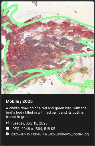 PhotoPrism showing a child’s painting in red and green, captioned as a bird