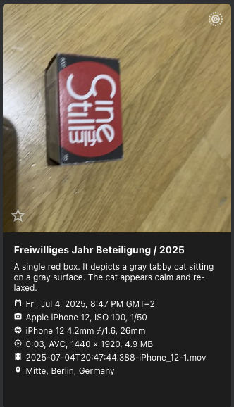 PhotoPrism showing a photo of a red CineStill film box, titled “Freiwilliges Jahr Beteiligung” and captioned as a gray tabby cat