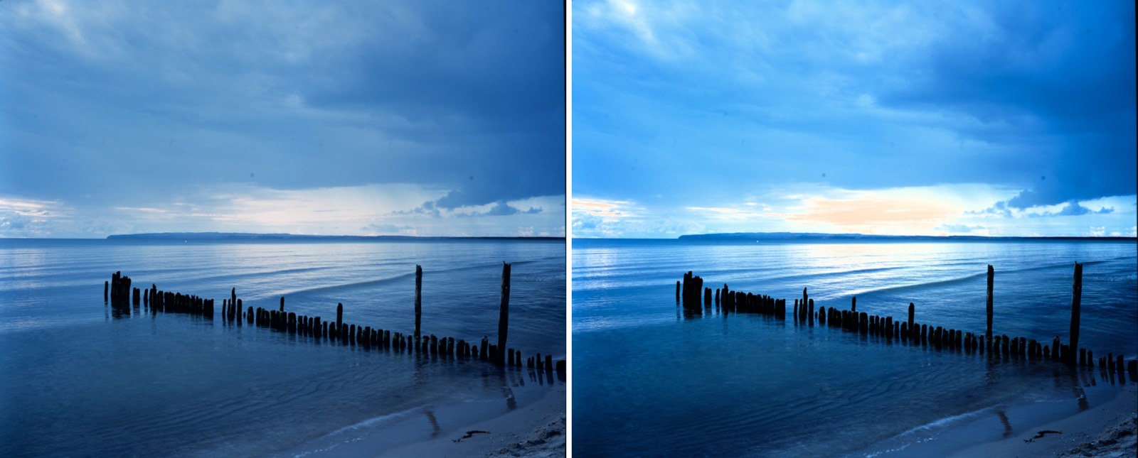A sea with wooden groynes under a cloudy sky, before (left) and after grading (right)