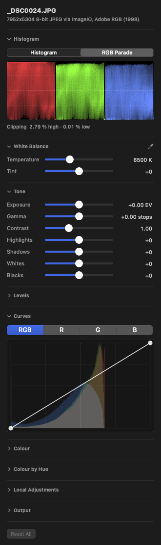Grade’s inspector: RGB parade, white balance, tone sliders and a curve