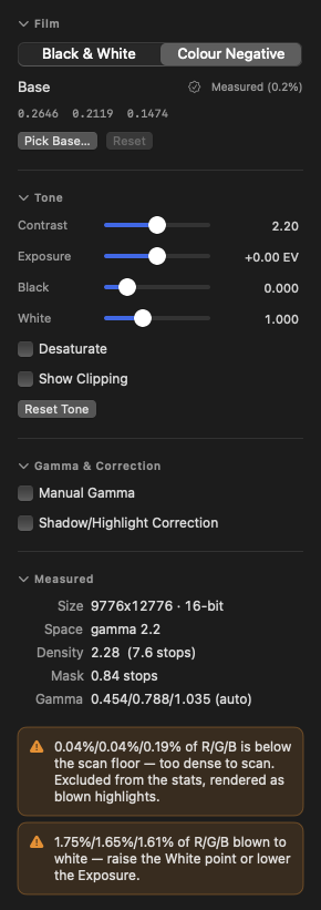 Invert’s inspector: film type, base, tone sliders, measured values and two clipping warnings
