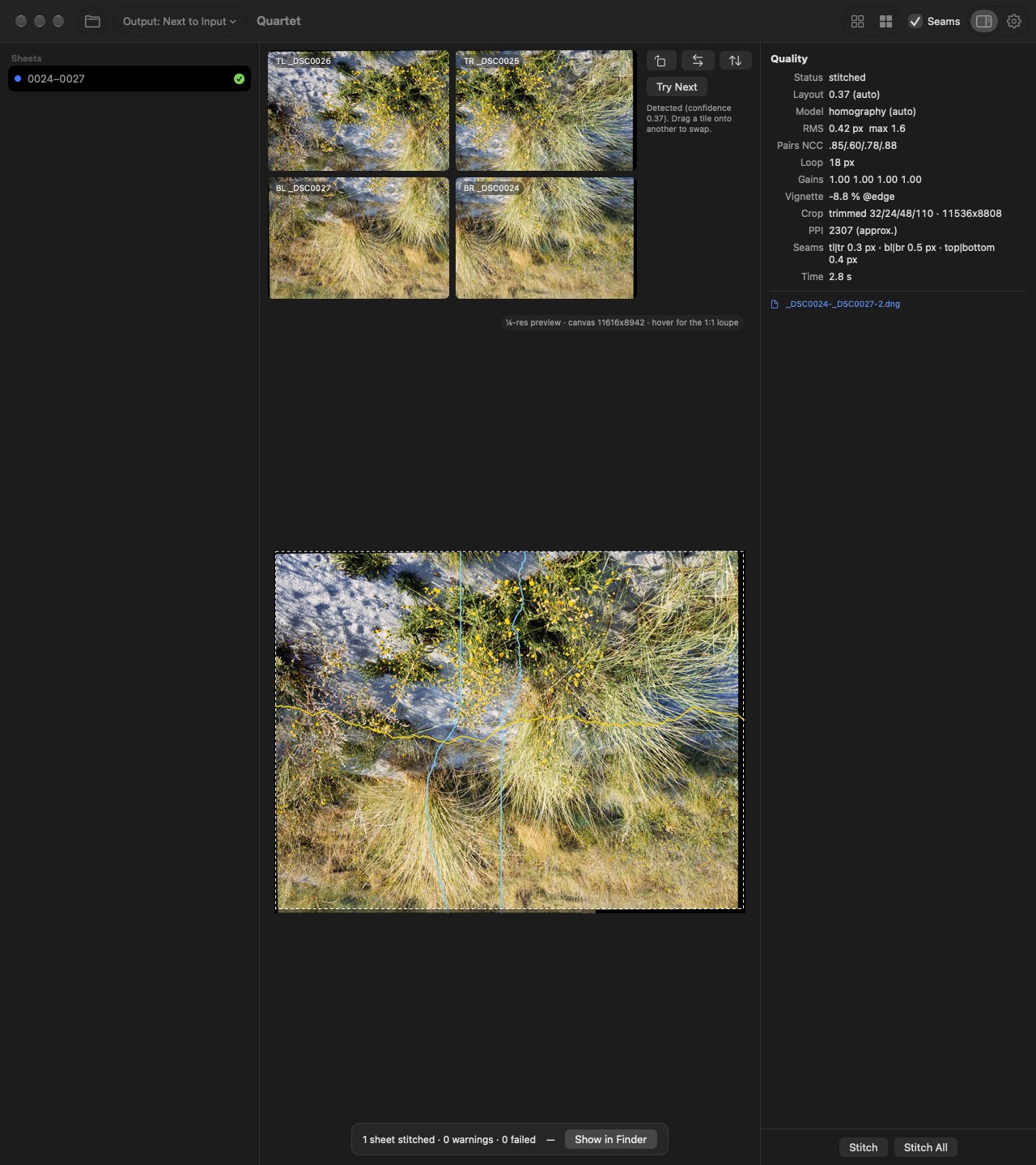Quartet’s window: the four tiles at the top, the stitched preview below, the quality panel on the right