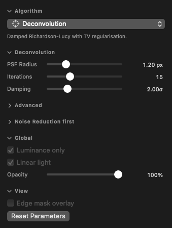 Sharpen’s inspector: deconvolution with PSF radius, iterations and damping